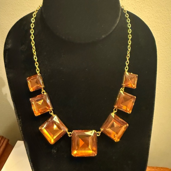 Vintage Y2K Gold Necklace w/Square Amber/Orange Stones 18” - Picture 2 of 8
